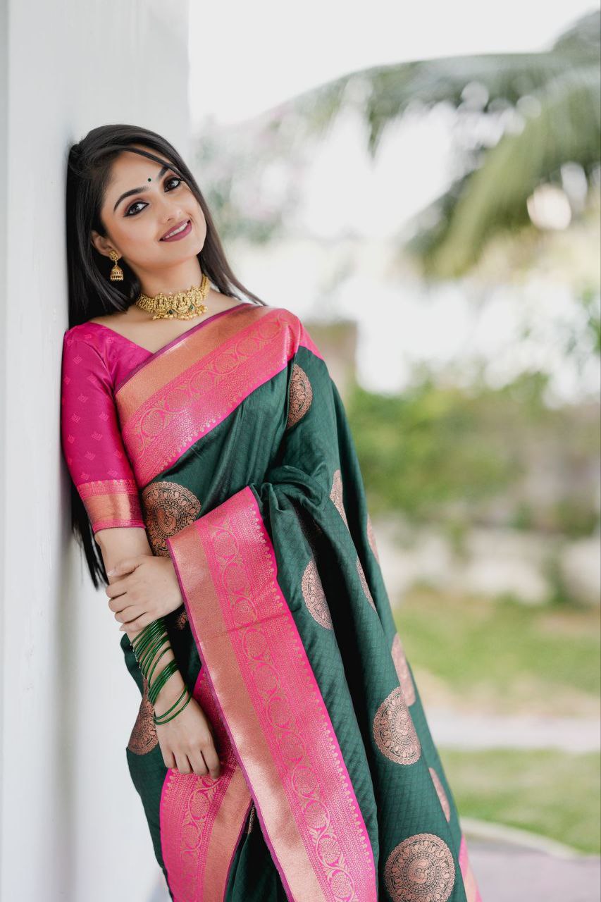 Fashionable Soft Lichi Silk Beautiful Green Gold Saree