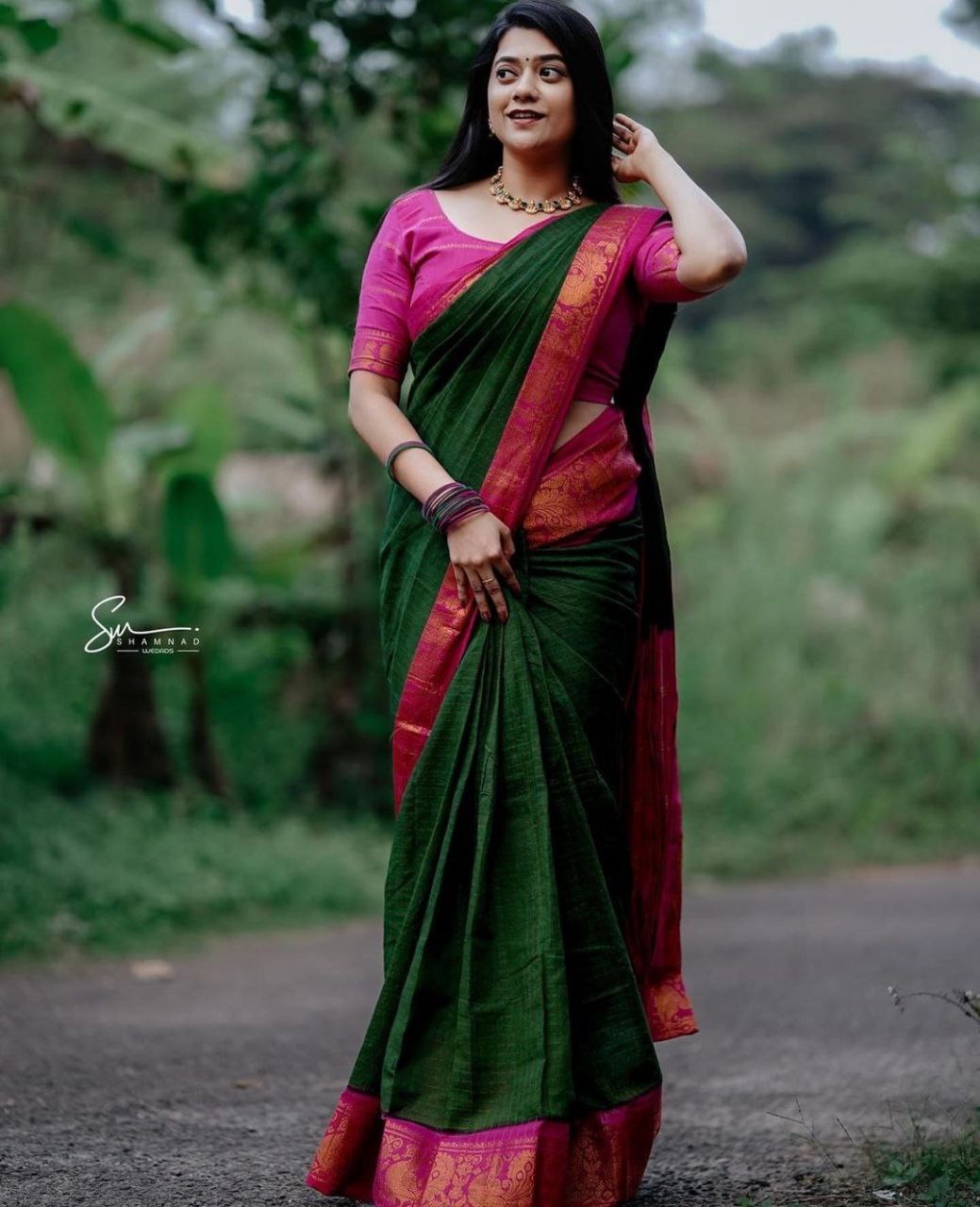 Adorable Green With Pink Broder Golden Jari Work Saree