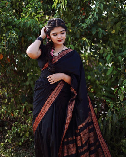 Black Color Outstanding Banarasi Silk Saree with Pink Border