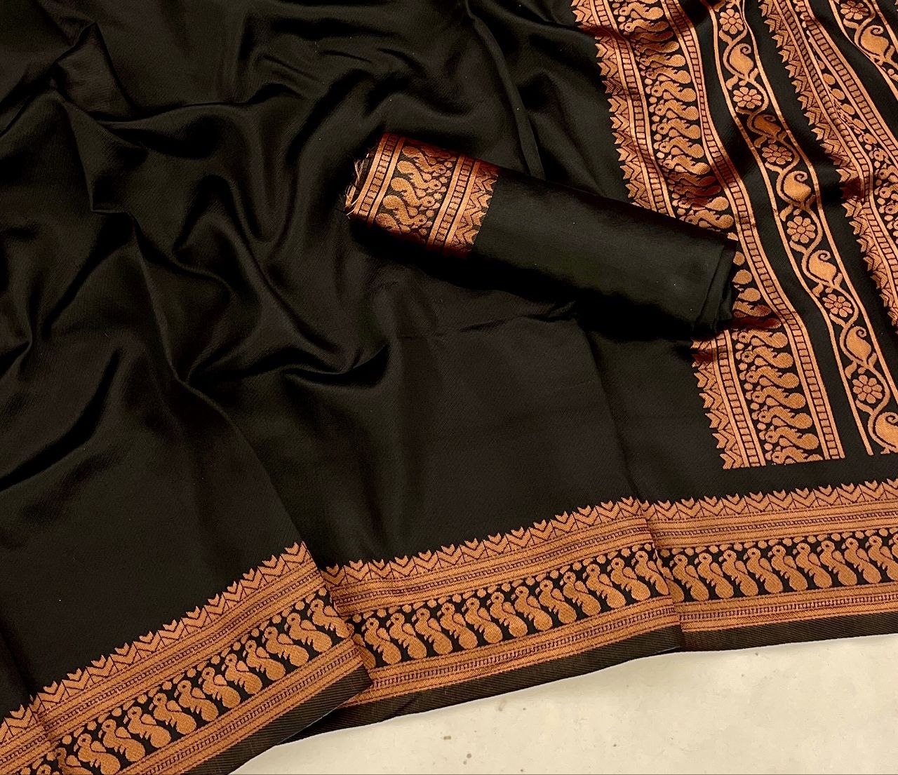 Black Color Outstanding Banarasi Silk Saree with Pink Border