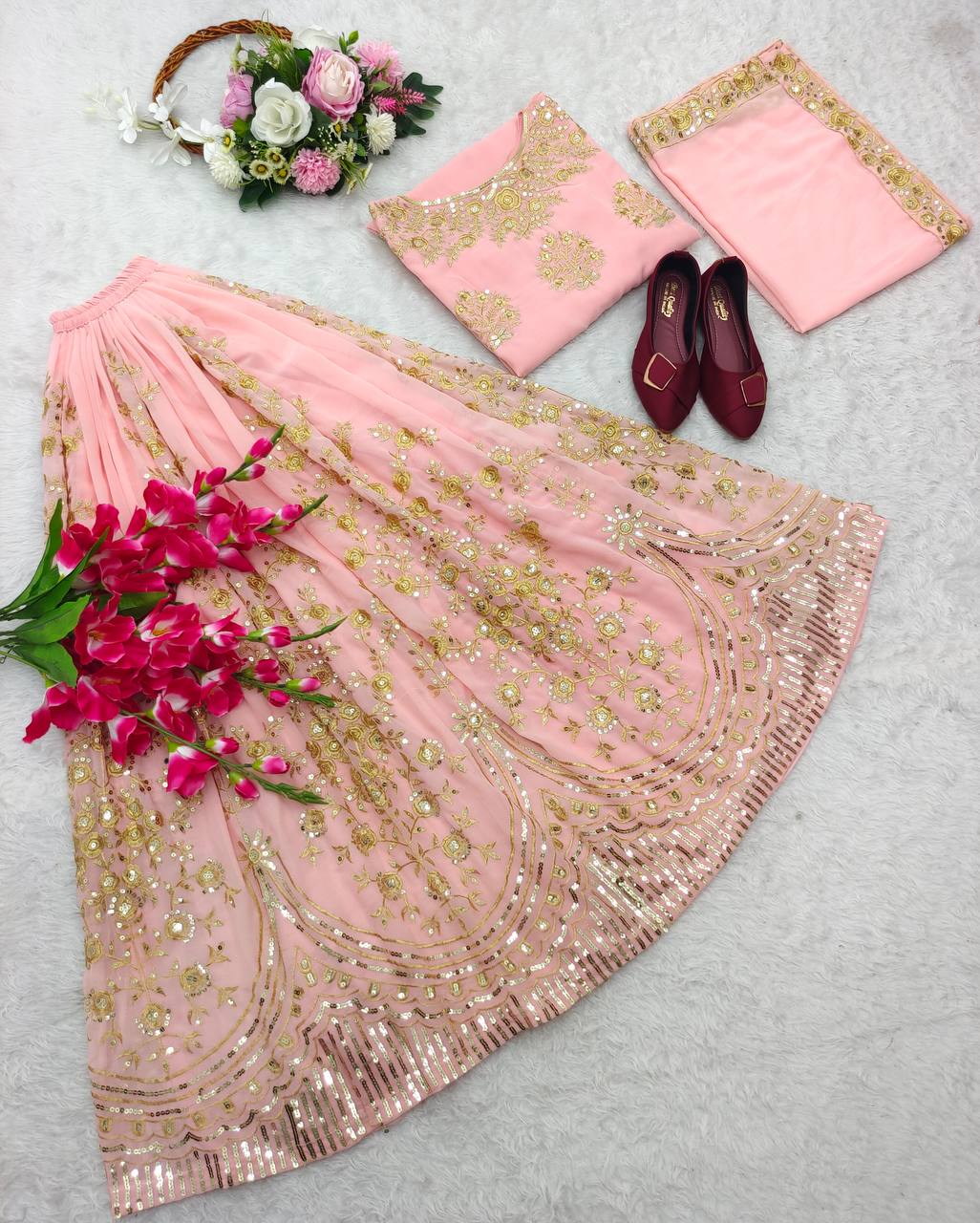 Wonderful Peach Color Sequence Embroidery Work Sharara Suit