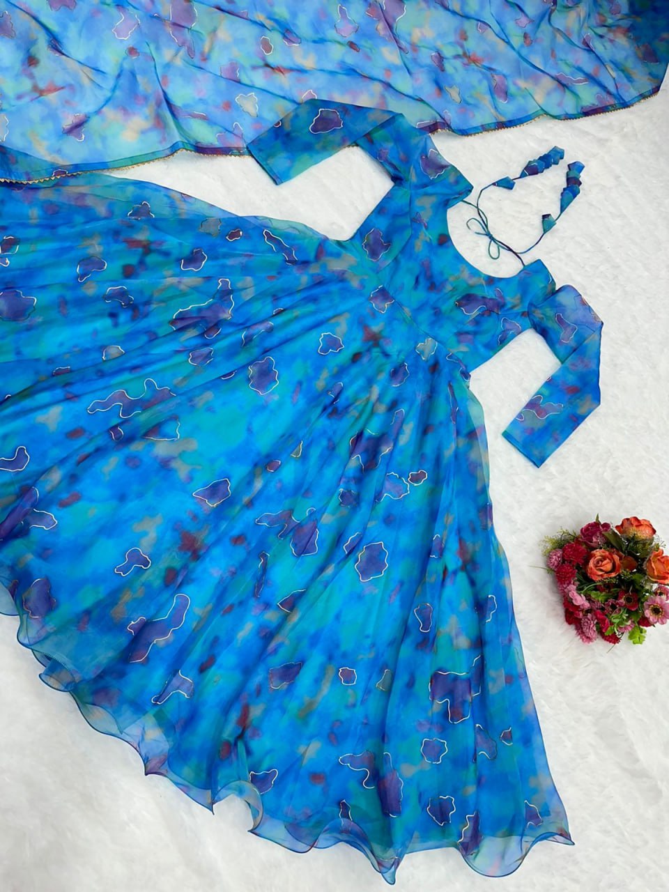 Beautiful Aqua Blue Color Digital Print Gown