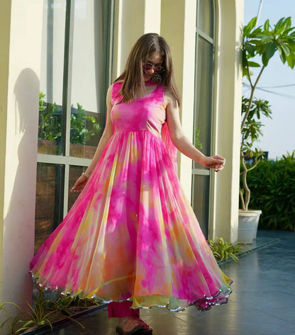 Trendy Pink With Multi Color Shibori Print Gown