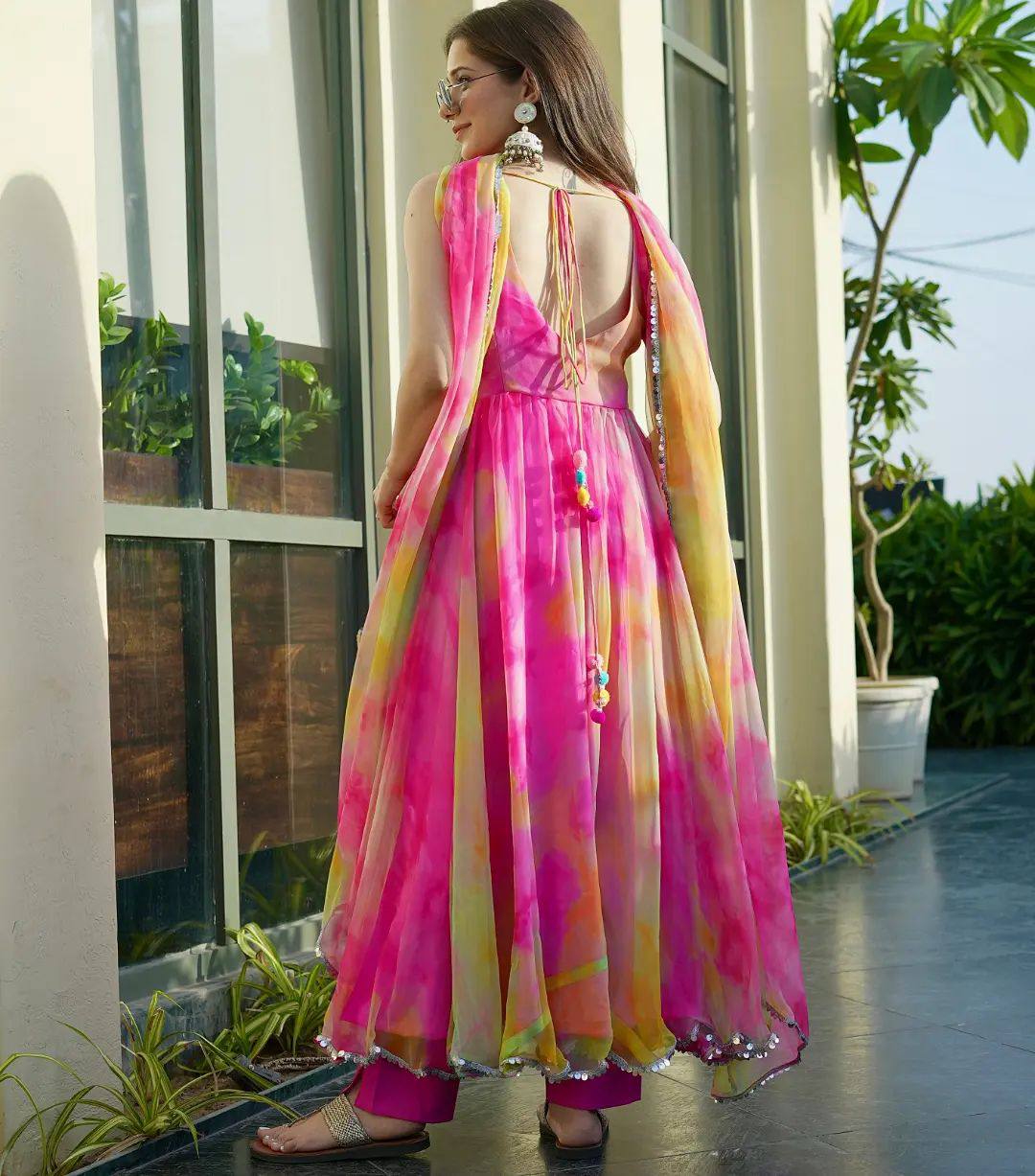 Trendy Pink With Multi Color Shibori Print Gown