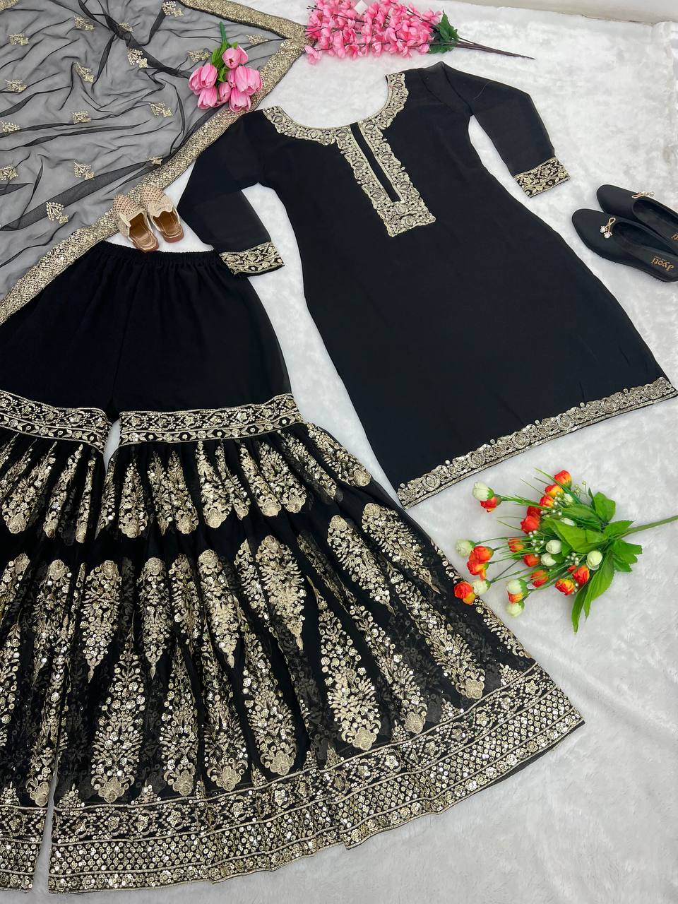 Lovely Embroidery With Sequence Work Black Color Sharara Suit