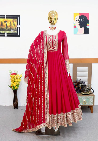 Amazing Red Color Sequence With Embroidery Work Gown