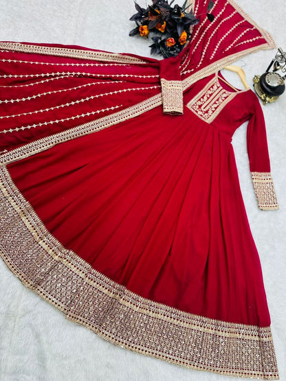 Amazing Red Color Sequence With Embroidery Work Gown