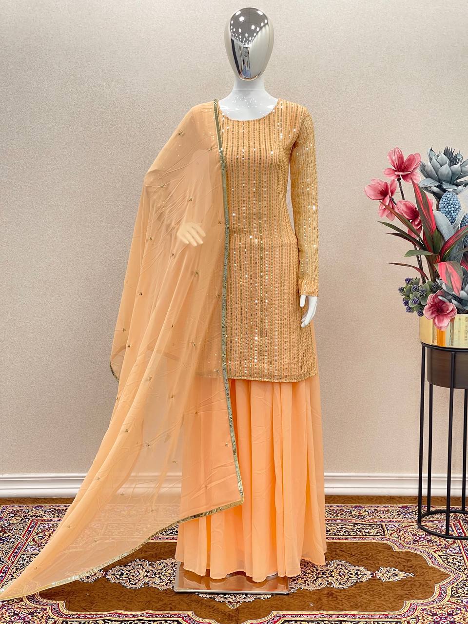 Wedding Wear Light Peach Color Sequence Work Sharara Suit