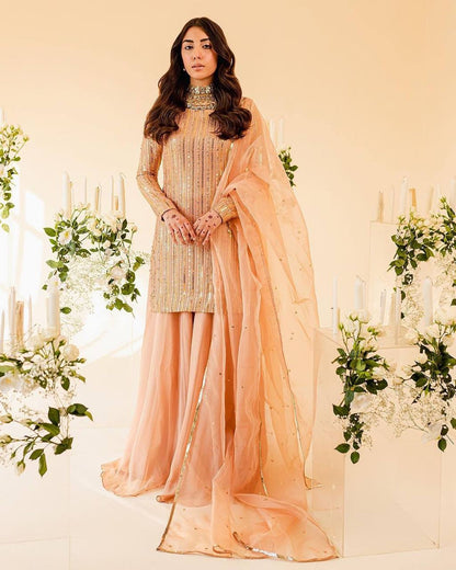 Wedding Wear Light Peach Color Sequence Work Sharara Suit