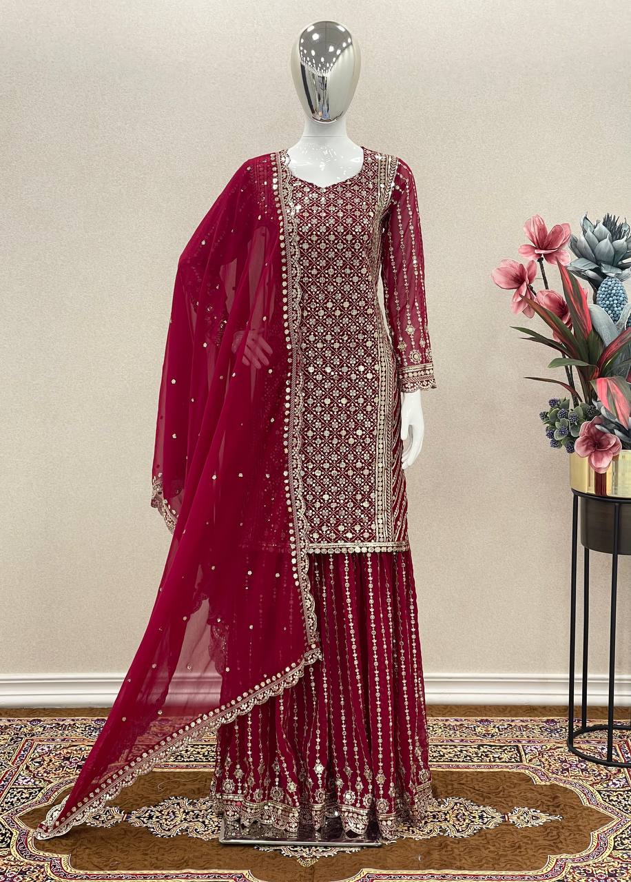 Festive Wear Dark Pink Color Sequence Work Sharara Suit