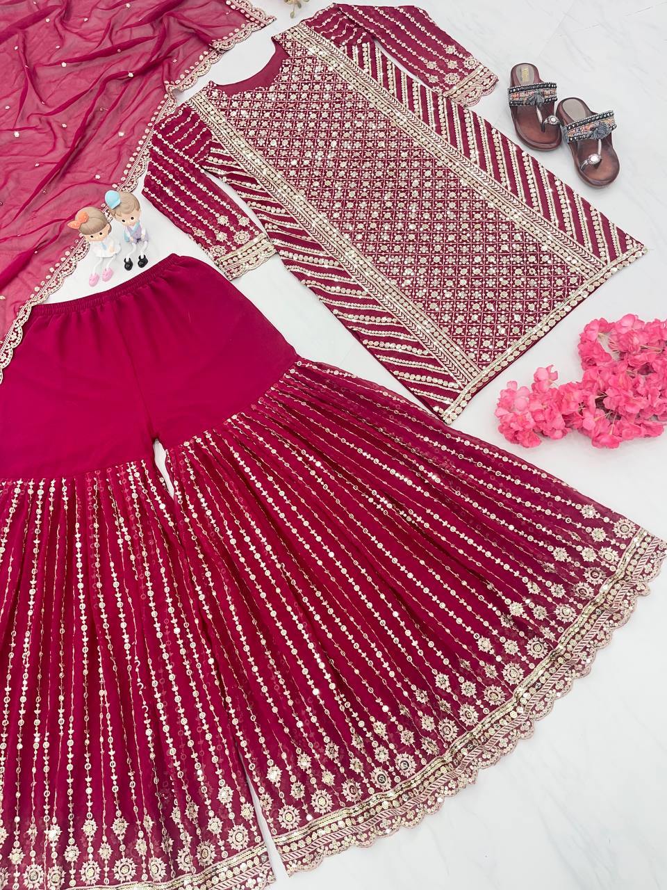 Festive Wear Dark Pink Color Sequence Work Sharara Suit