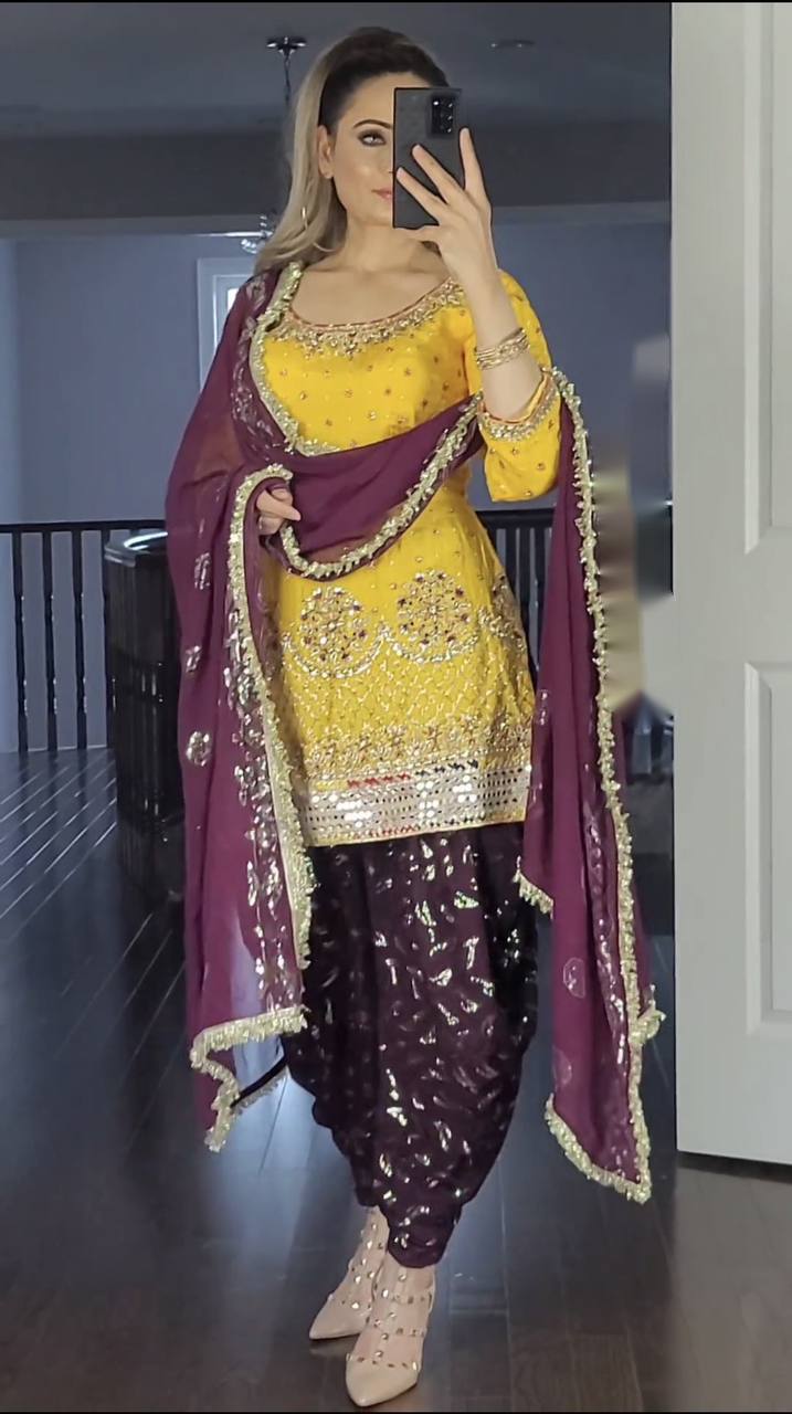 Yellow With Wine Color Sequence Work Top With Dhoti Suit