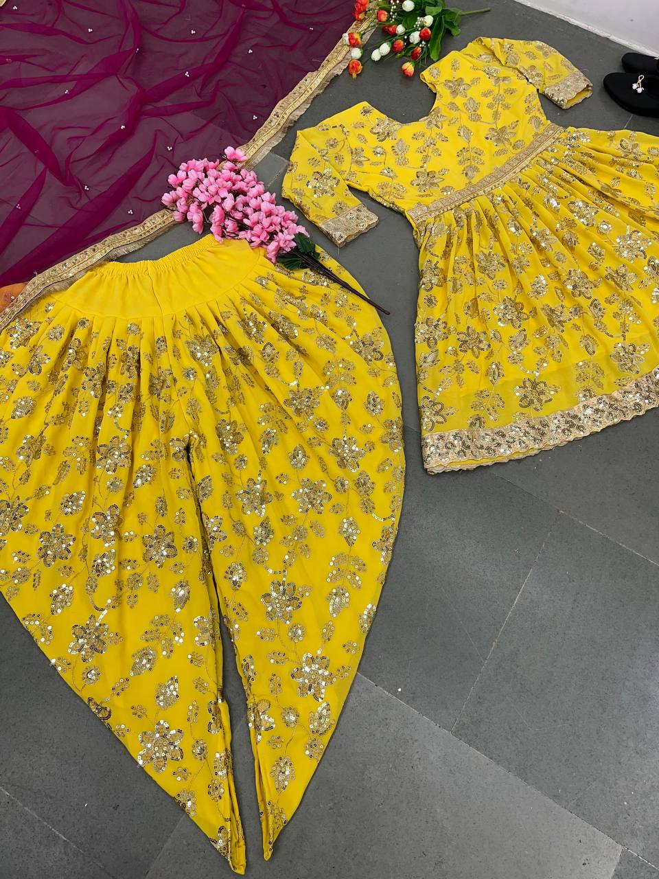 Exclusive Sequence Work Yellow Color Dhoti Suit