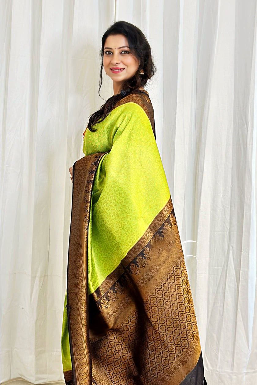 Party Wear Parrot Green Color Soft Silk Coper Jari Design Saree