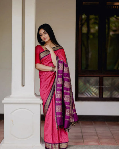 Stylish Pink Color Soft Silk Golden Jari Design Saree