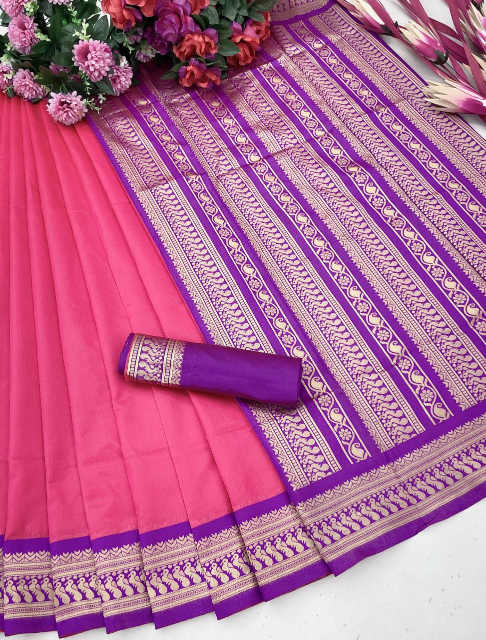 Stylish Pink Color Soft Silk Golden Jari Design Saree