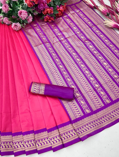 Stylish Pink Color Soft Silk Golden Jari Design Saree