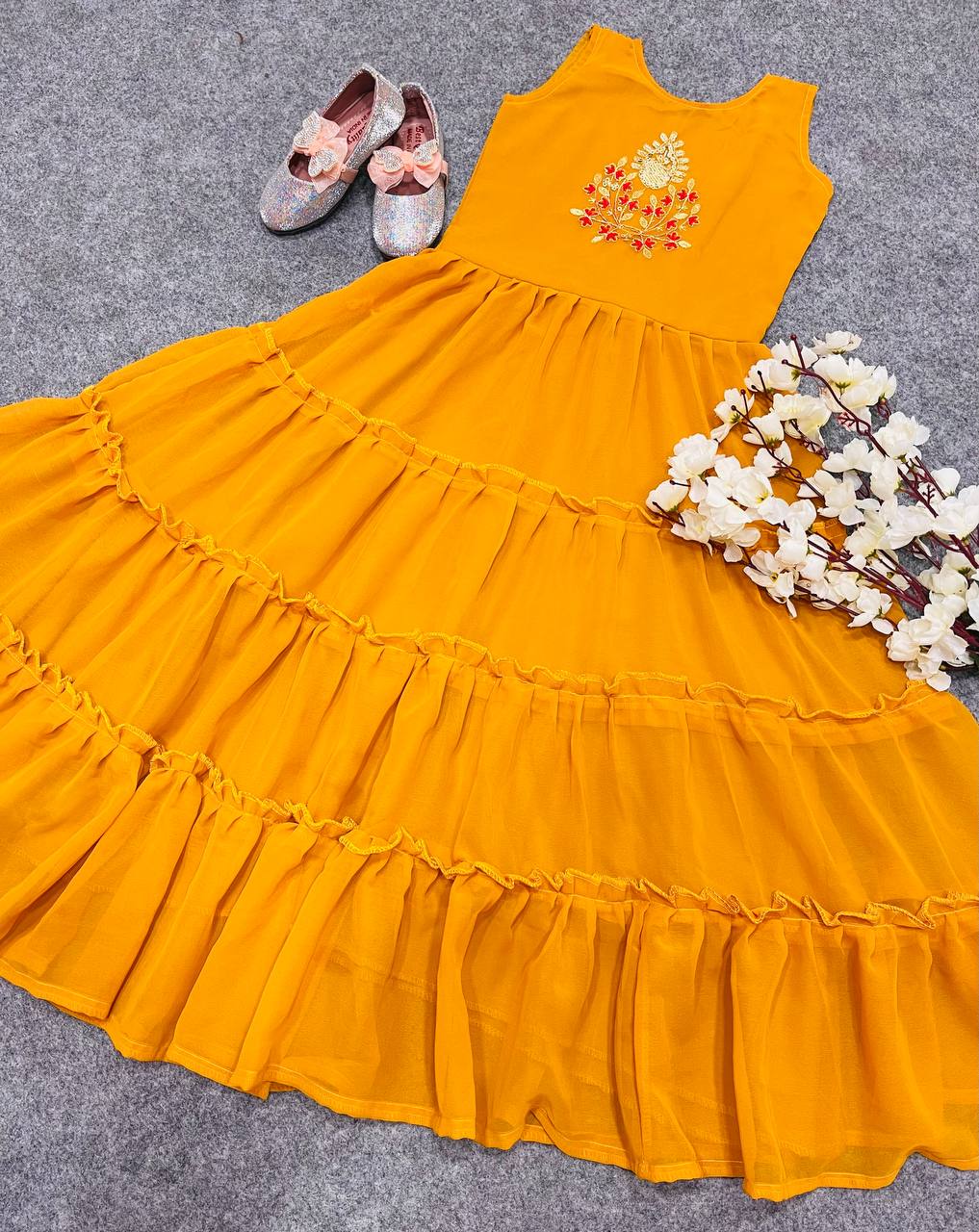 Stylish Kids Wear Yellow Color Gown With Jacket