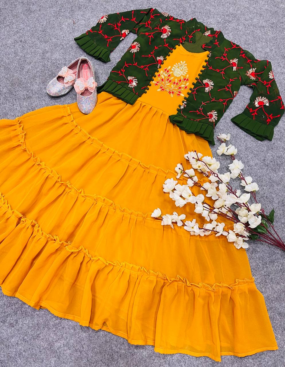 Stylish Kids Wear Yellow Color Gown With Jacket