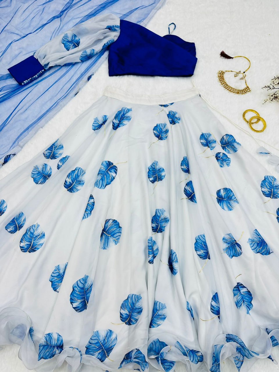 Party Wear Organza Silk White With Blue Color Lehenga Choli
