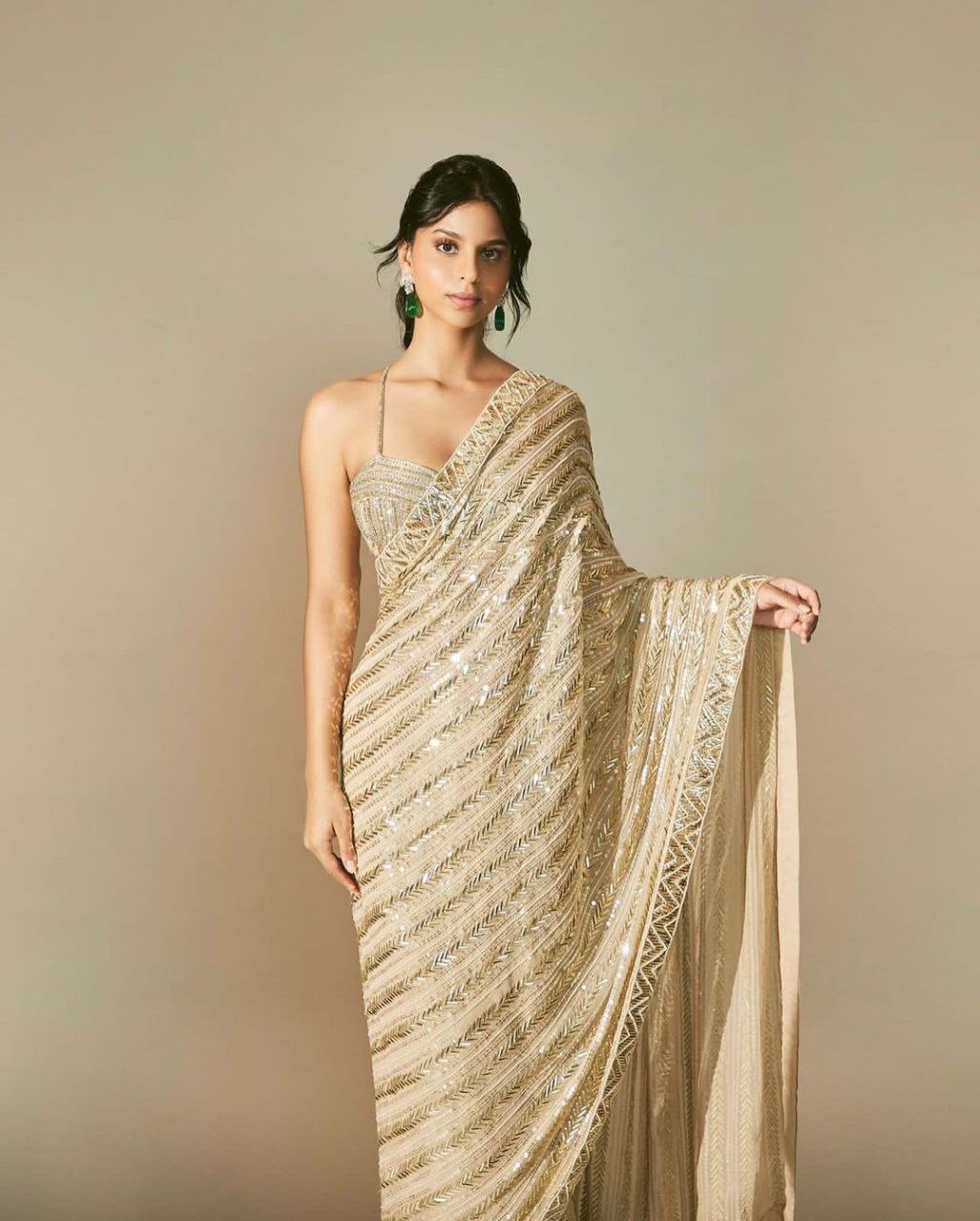 Beige Color Embroidery With Sequence Work Stylish Saree