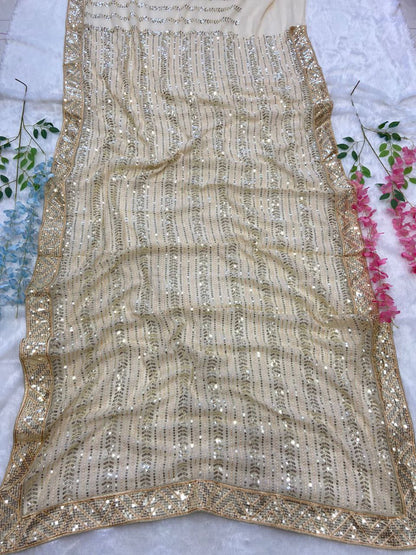 Beige Color Embroidery With Sequence Work Stylish Saree