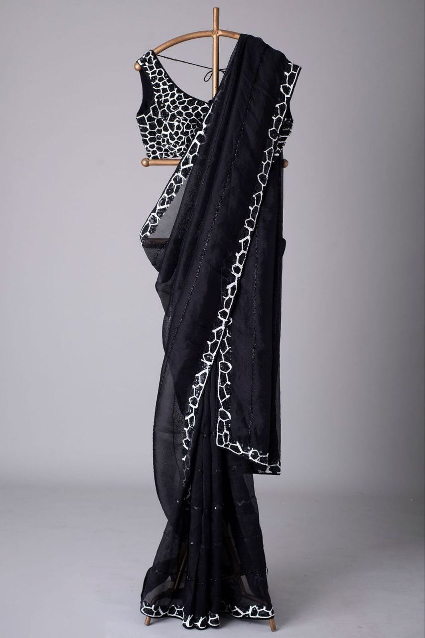 Glimmering Black Color Sequence Work Saree