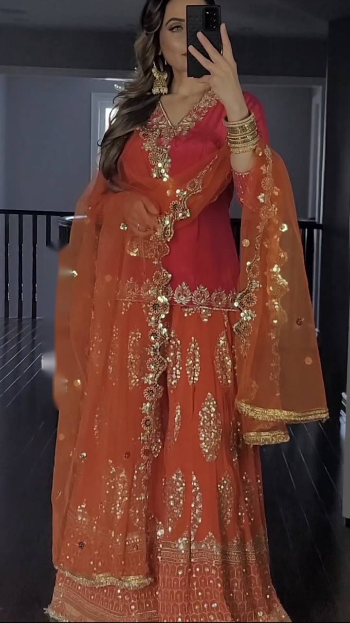 Exclusive Orange With Pink Color Sequence Work Sharara Suit