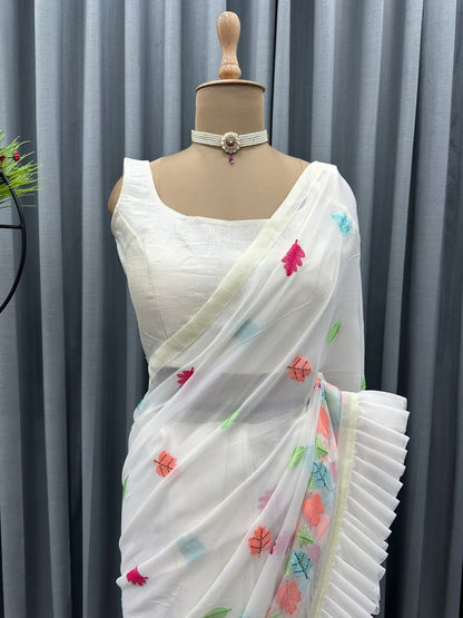 Lovely Ruffle Style White Color Thread And Hot Fix Work Saree