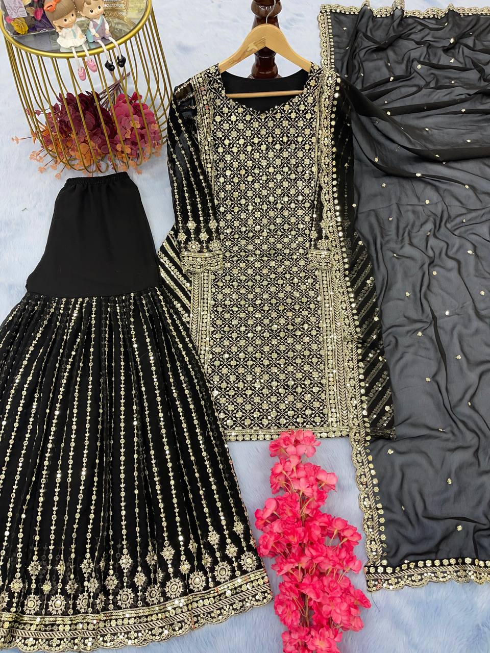 Wedding Wear Black Color Sequence Work Sharara Suit