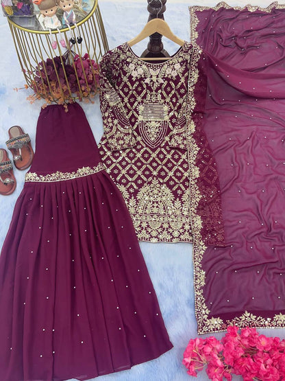 Wedding Wear Wine Color Sequence Work Sharara Suit