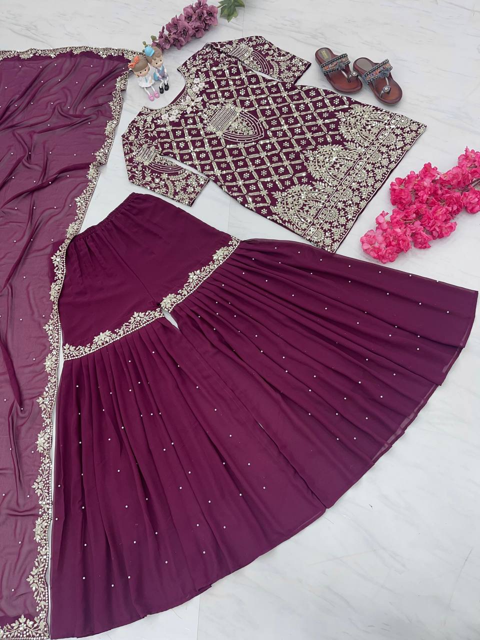 Wedding Wear Wine Color Sequence Work Sharara Suit