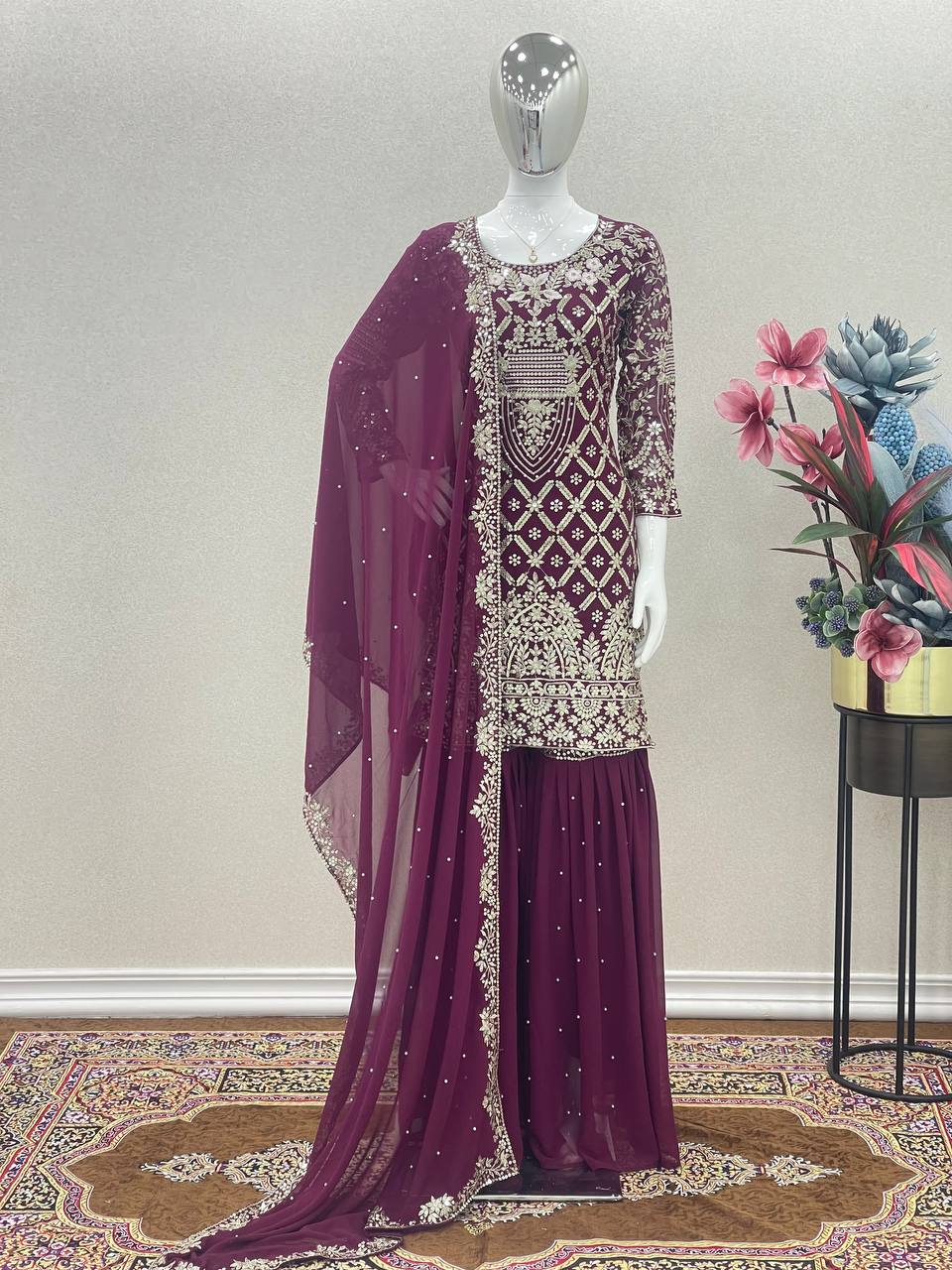 Wedding Wear Wine Color Sequence Work Sharara Suit