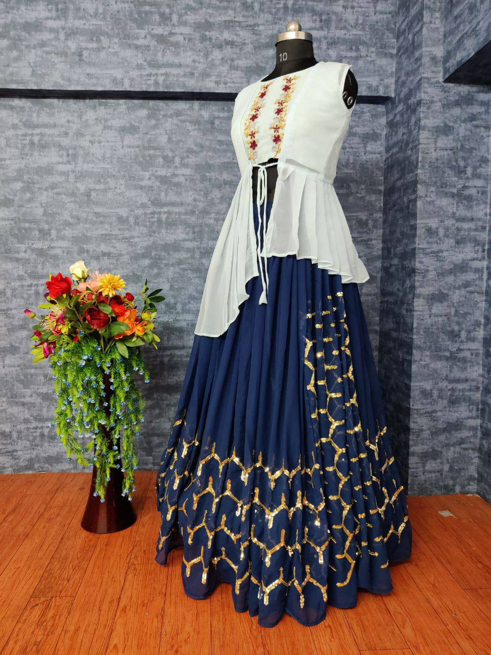 Wonderful Navy Blue Color Georgette Lehenga Choli With Koti