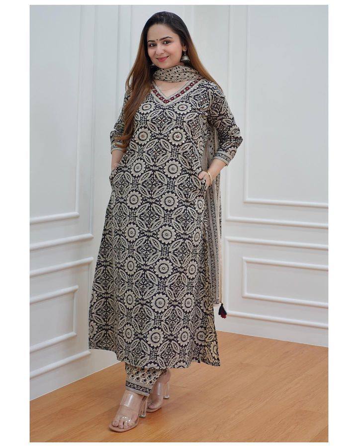 Wonderful Navy Blue Color Real Mirror Hand Work Kurti Set