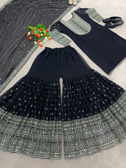 Black Color Glossy Sequence Work Sharara Suit