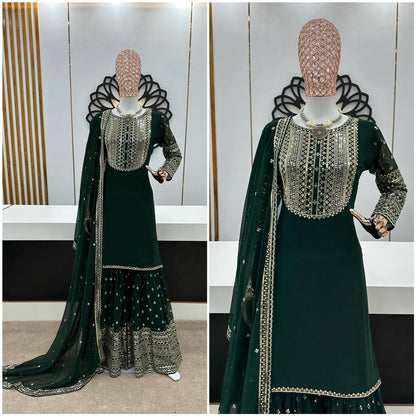 Dark Green Color Glossy Sequence Work Sharara Suit