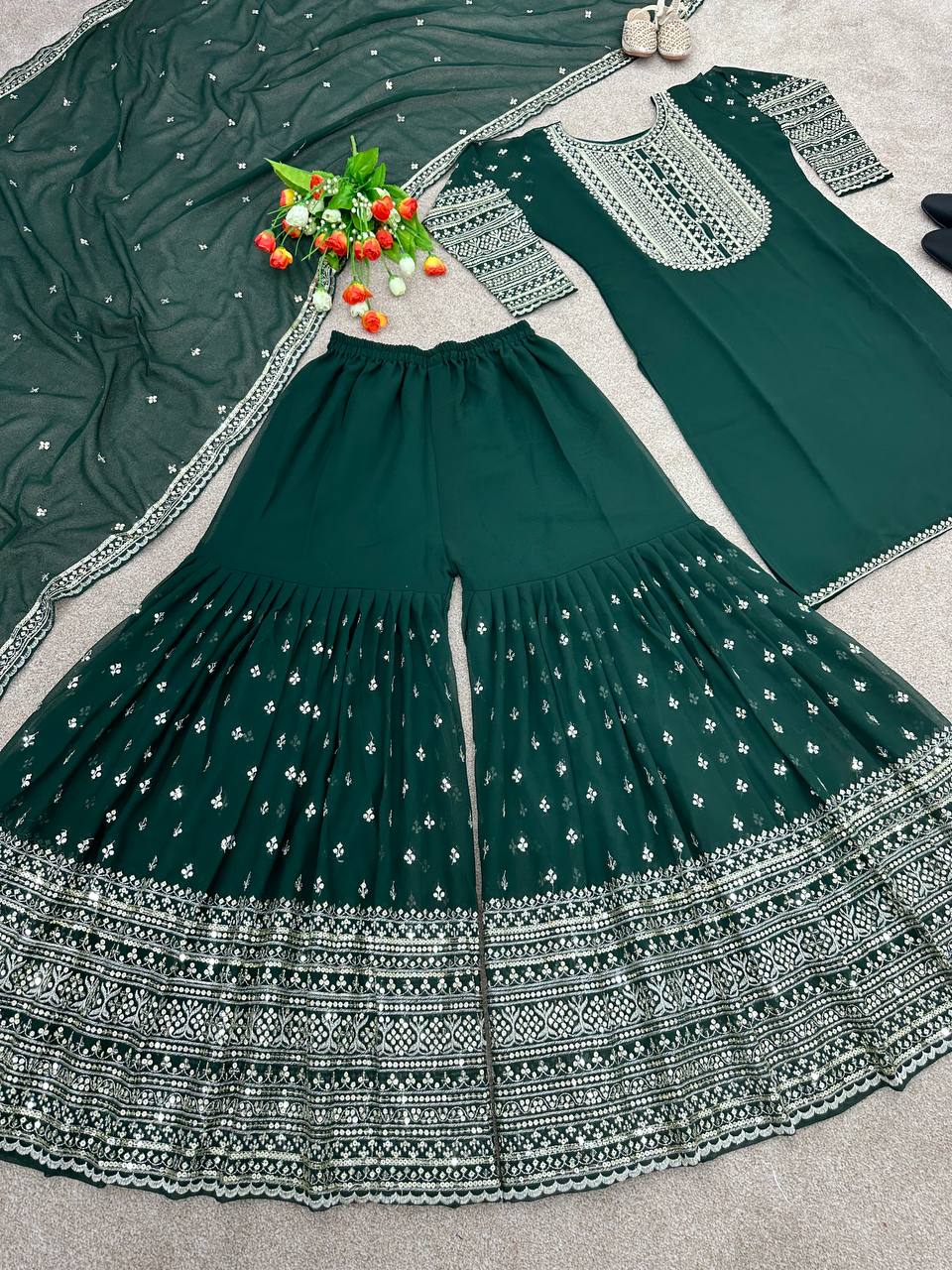 Dark Green Color Glossy Sequence Work Sharara Suit