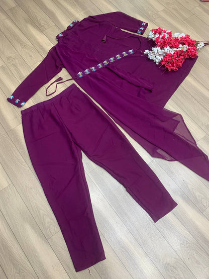 Wine Color Handwork Fancy Top With Pant