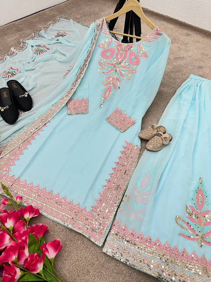 Beautiful Work Sky Blue Color Top With Sharara