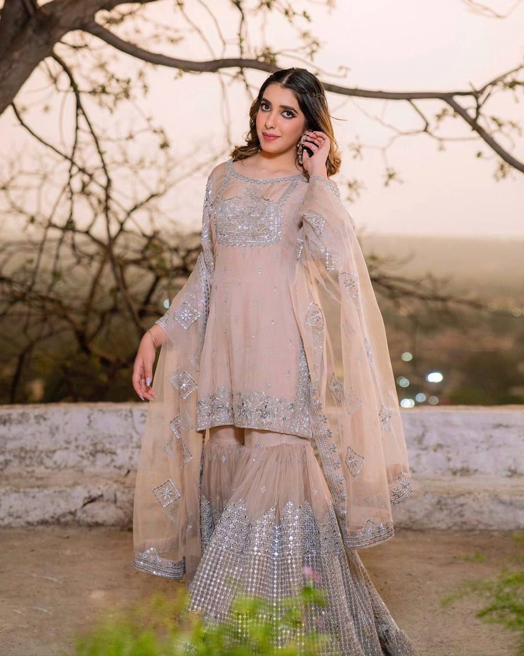 Dusty Pink Color Embroidery Sequence Work  Sharara Suit