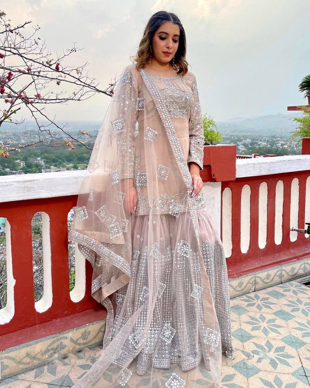 Dusty Pink Color Embroidery Sequence Work  Sharara Suit