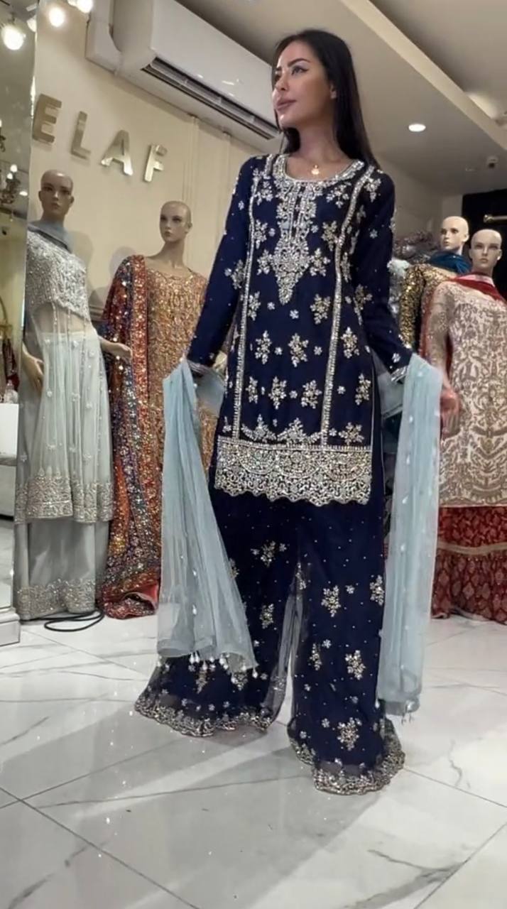 Wedding Wear Beautiful Work  Navy Blue Color Sharara Suit