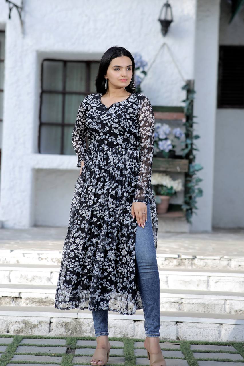 Black Color Nayra cut Wonderful Kurti