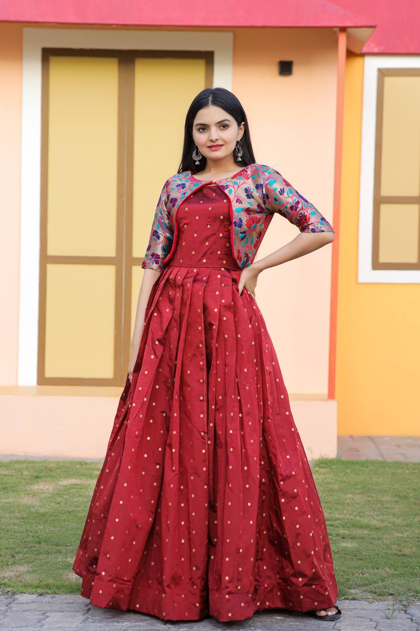 Maroon Colour Fancy Glamorous Partywear Gowns For Ethnic Looks - KSM PRINTS  - 4194510