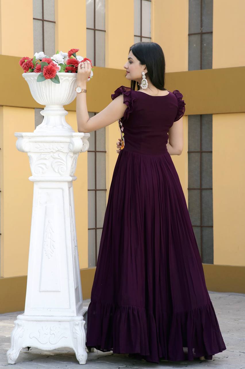 Party Wear Wine Color Embroidered work Gown