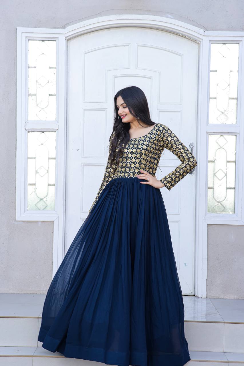 Beautiful Neck pattern Navy Blue Sequence Work Gown