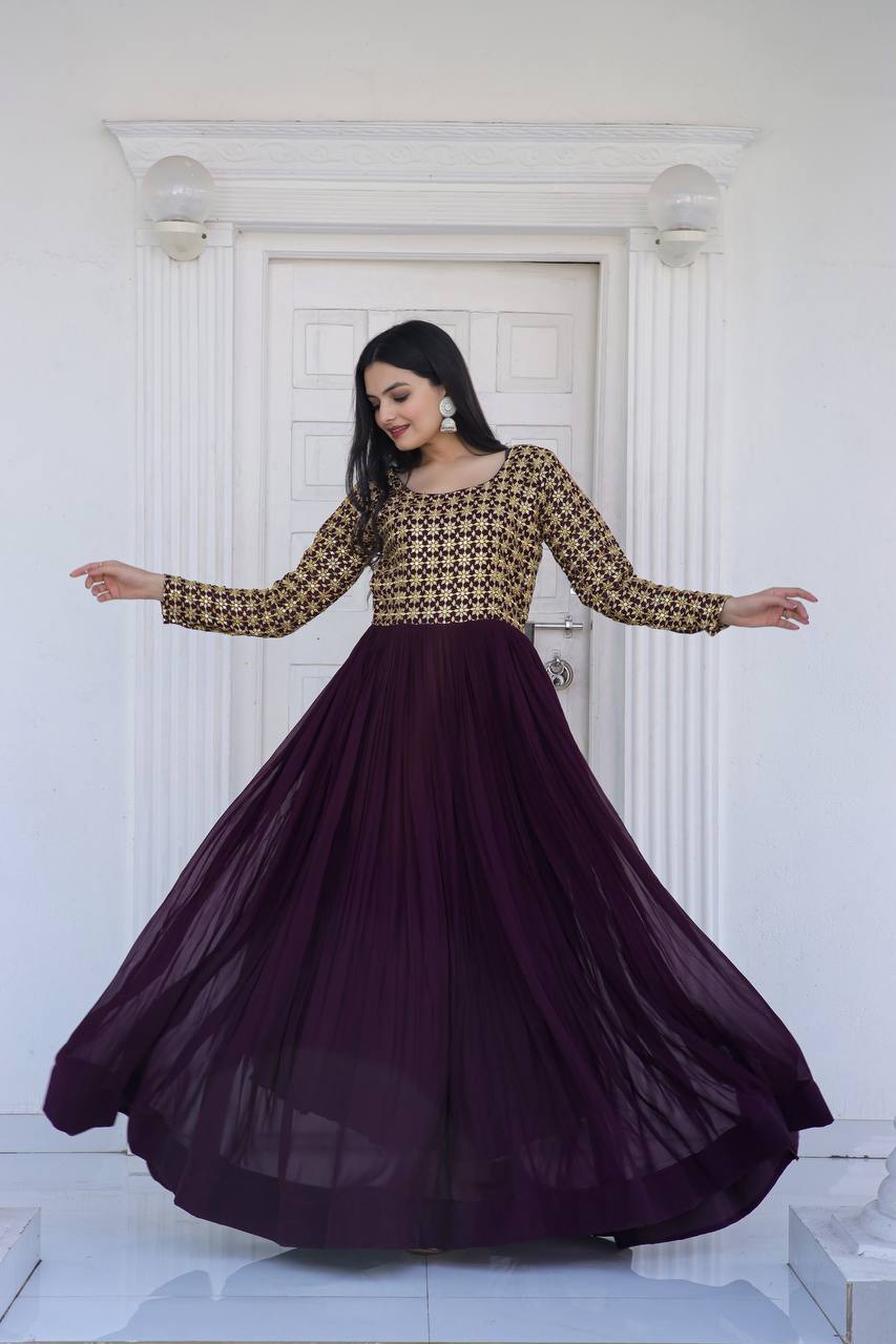 Beautiful Neck pattern Wine Sequence Work Gown