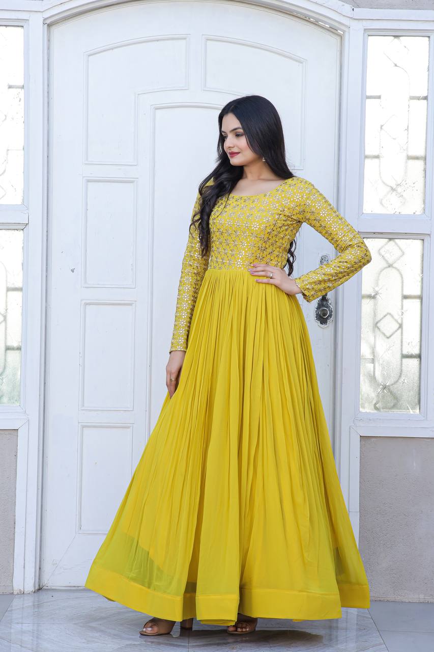 Beautiful Neck pattern Yellow Sequence Work Gown