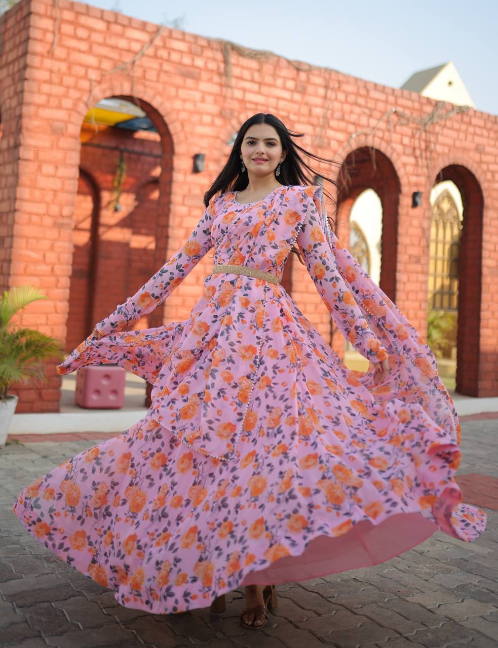 Rich Flower Digital Print Light Pink Color Gown